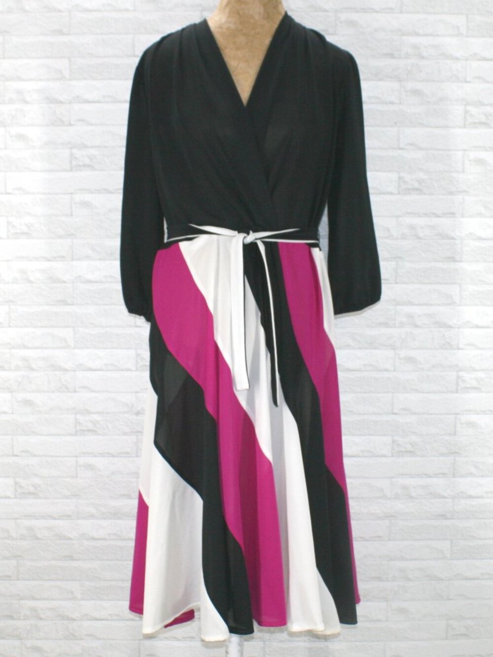VINTAGE Dress Midi Colorblock Cross Over Striped Skirt Black Pink Plus Size 16
